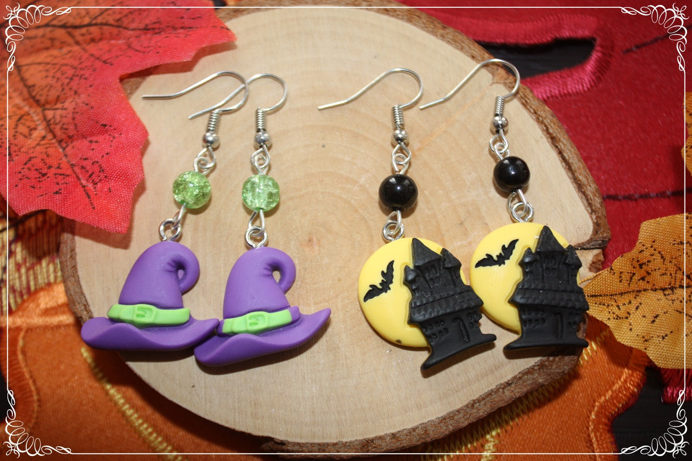 Boucles d'oreilles pendantes Halloween citrouille chat manoir sorcière fantôme