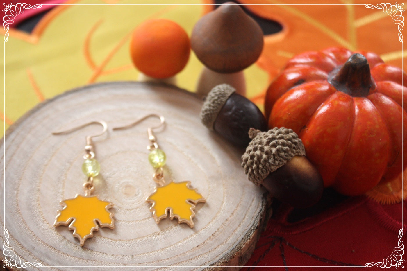 Boucles d'oreilles pendantes Automne feuilles érables rouges oranges jaunes