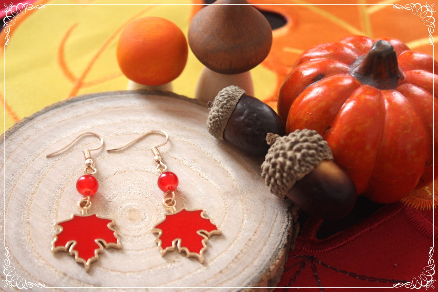 Boucles d'oreilles pendantes Automne feuilles érables rouges oranges jaunes