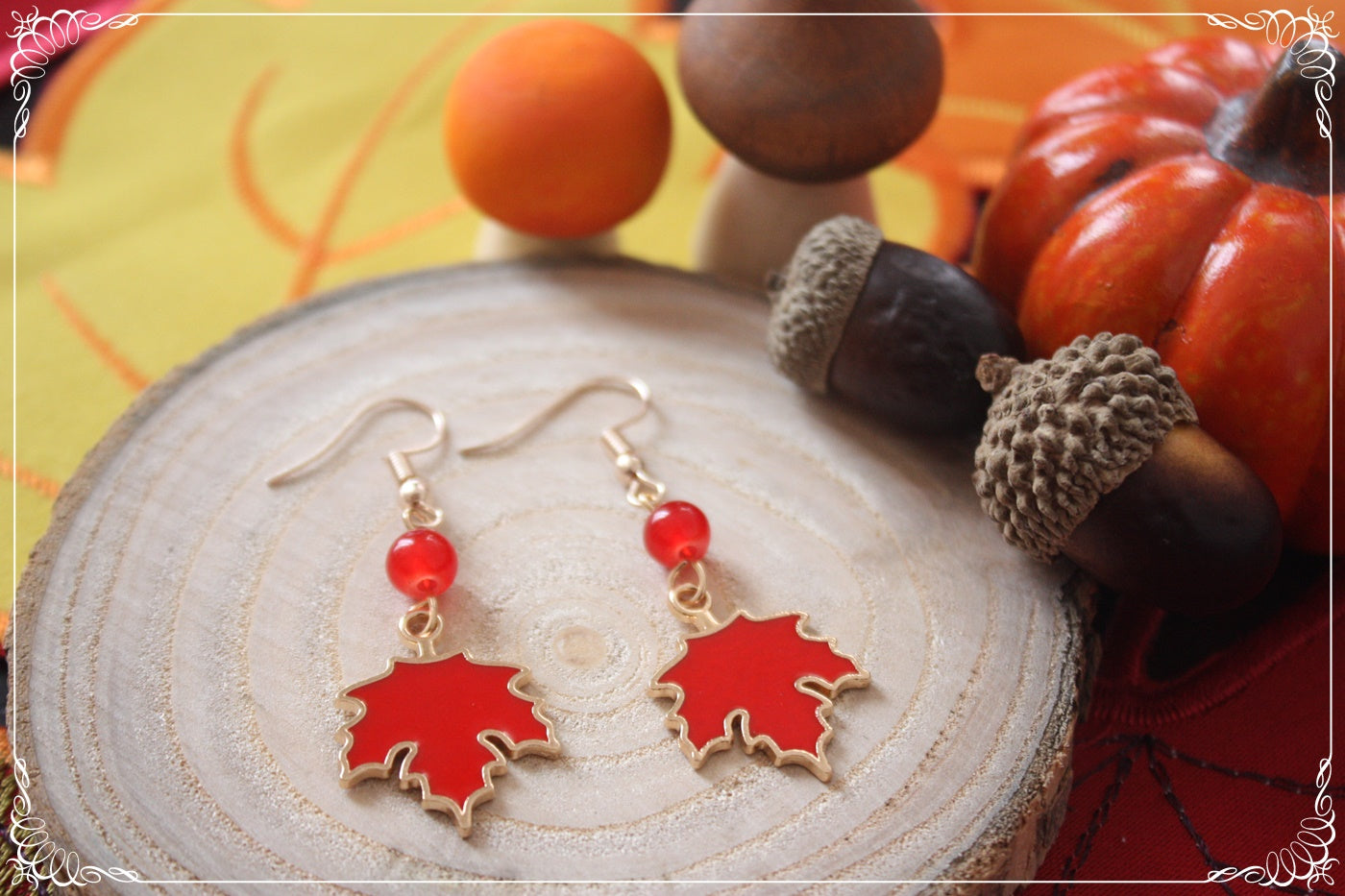 Boucles d'oreilles pendantes Automne feuilles érables rouges oranges jaunes