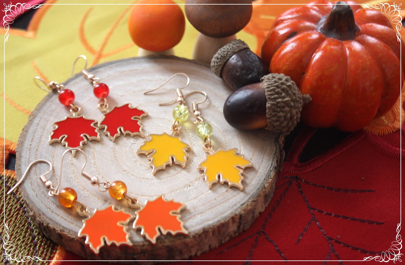 Boucles d'oreilles pendantes Automne feuilles érables rouges oranges jaunes