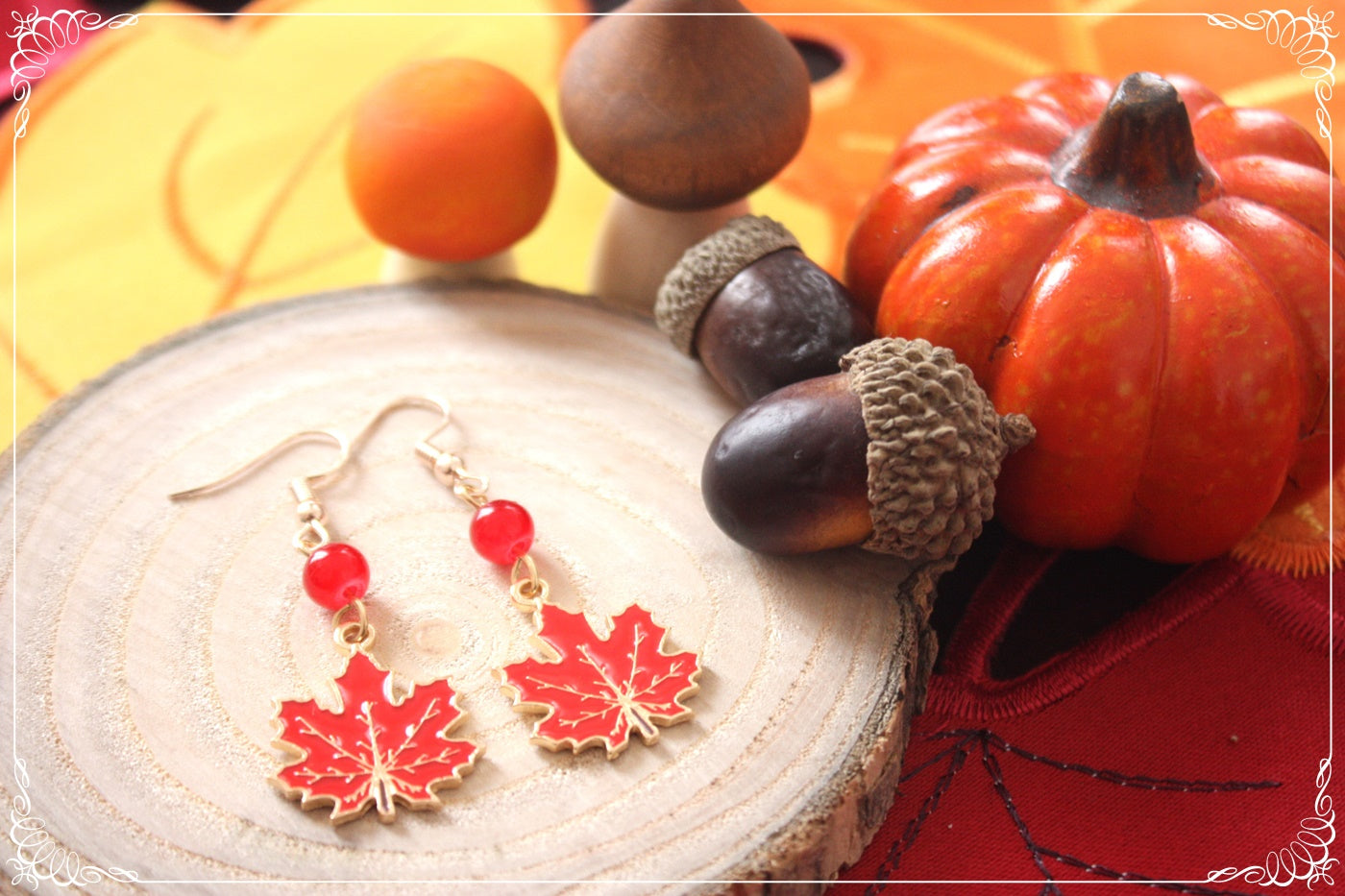 Boucles d'oreilles pendantes Automne feuilles érables rouges oranges jaunes
