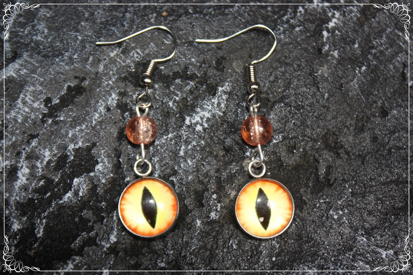 Boucles d'oreilles "Oeil de dragon et perles - Orange - Jaune "