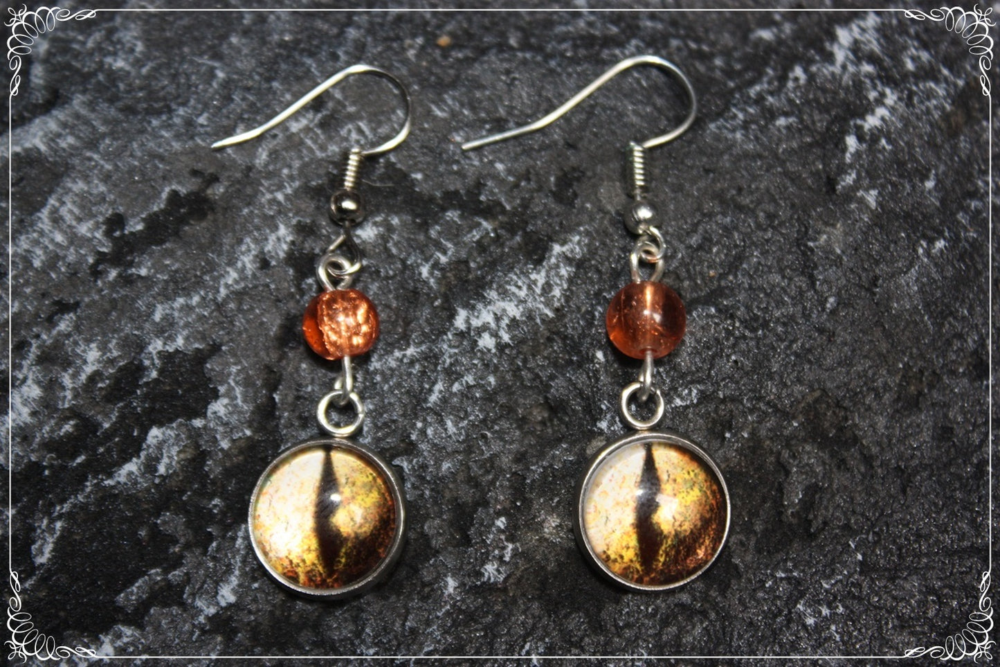 Boucles d'oreilles "Oeil de dragon et perles - Orange - Jaune "