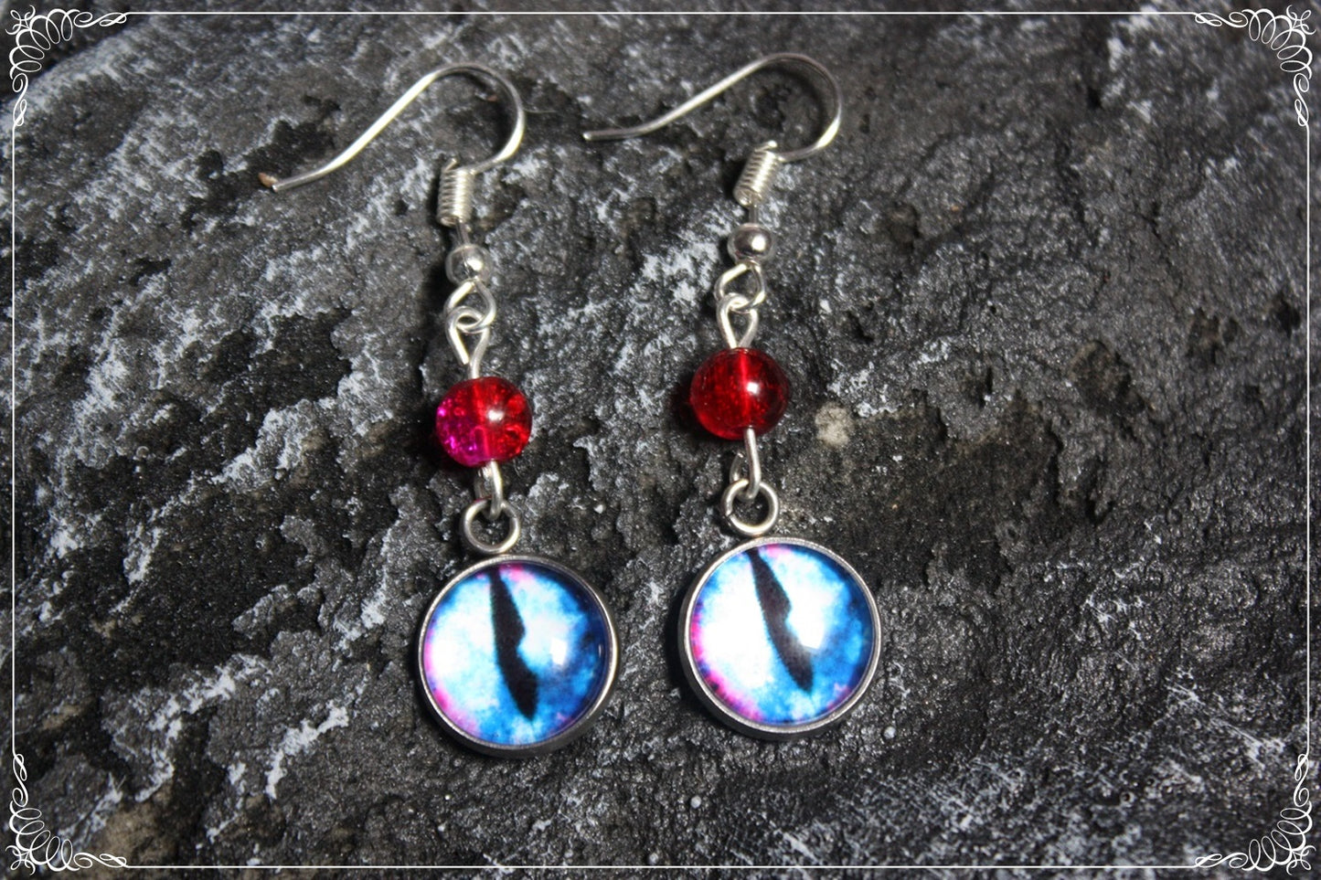 Boucles d'oreilles "Oeil de dragon et perles - Bleu marbrés"