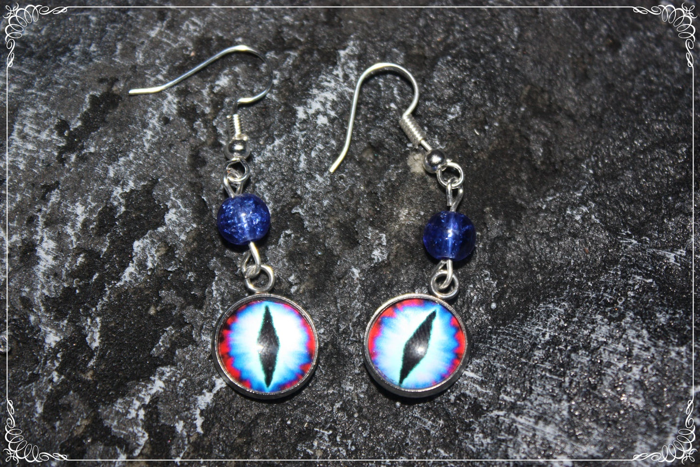 Boucles d'oreilles "Oeil de dragon et perles - Bleu marbrés"