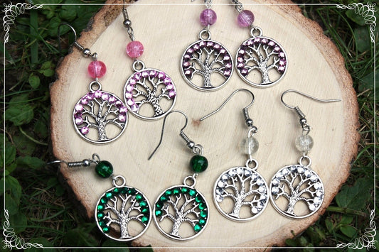 Boucles d'oreilles "Arbres" - perles et strass - argenté