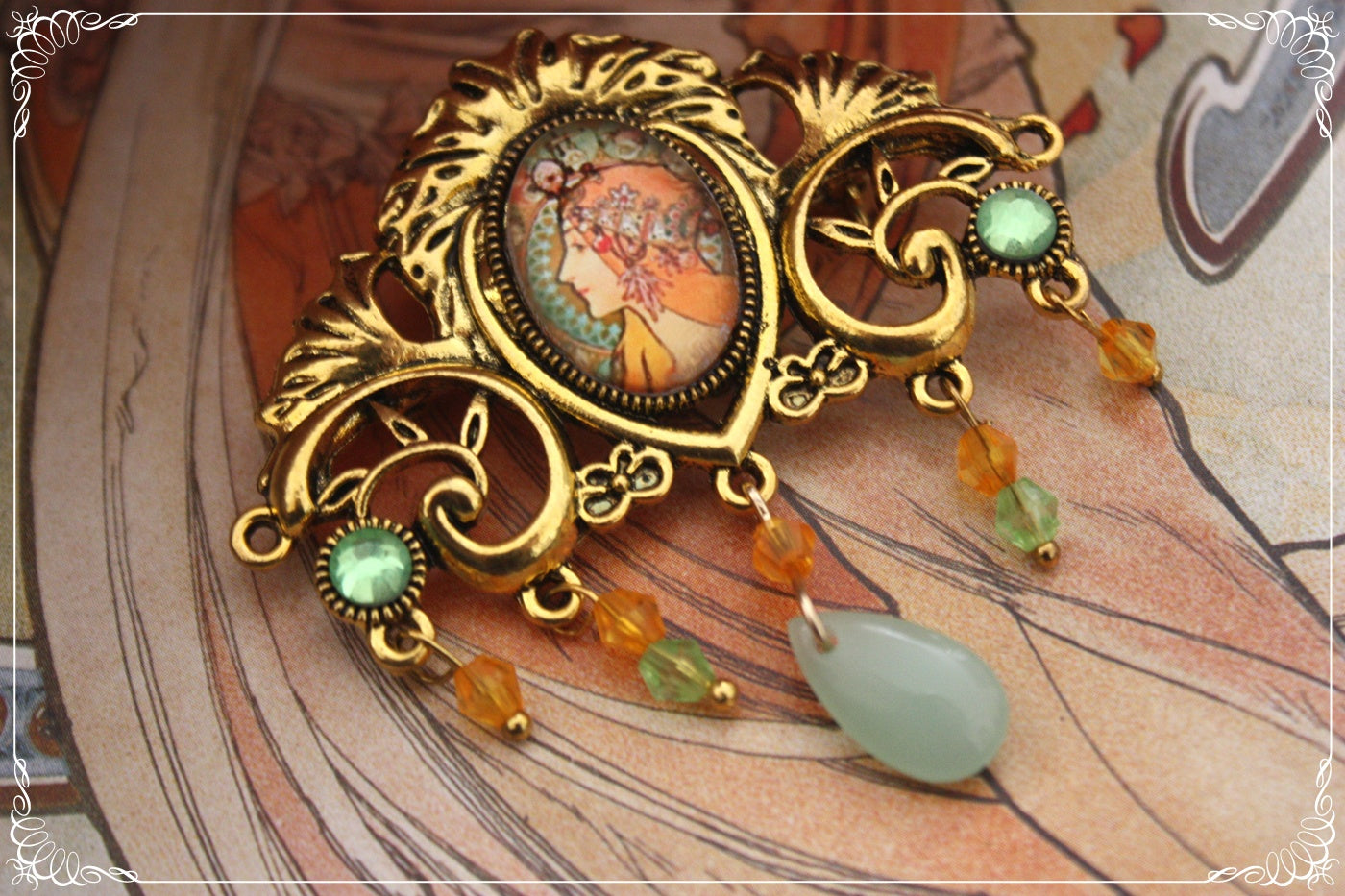 Broches "Mucha gouttes et strass - Art Nouveau"