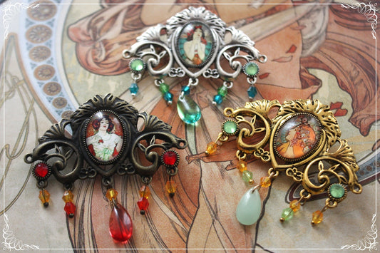 Broches "Mucha gouttes et strass - Art Nouveau"