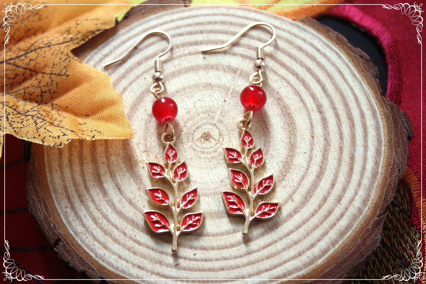 Boucles d'oreilles pendantes Automne feuilles érables rouges oranges jaunes