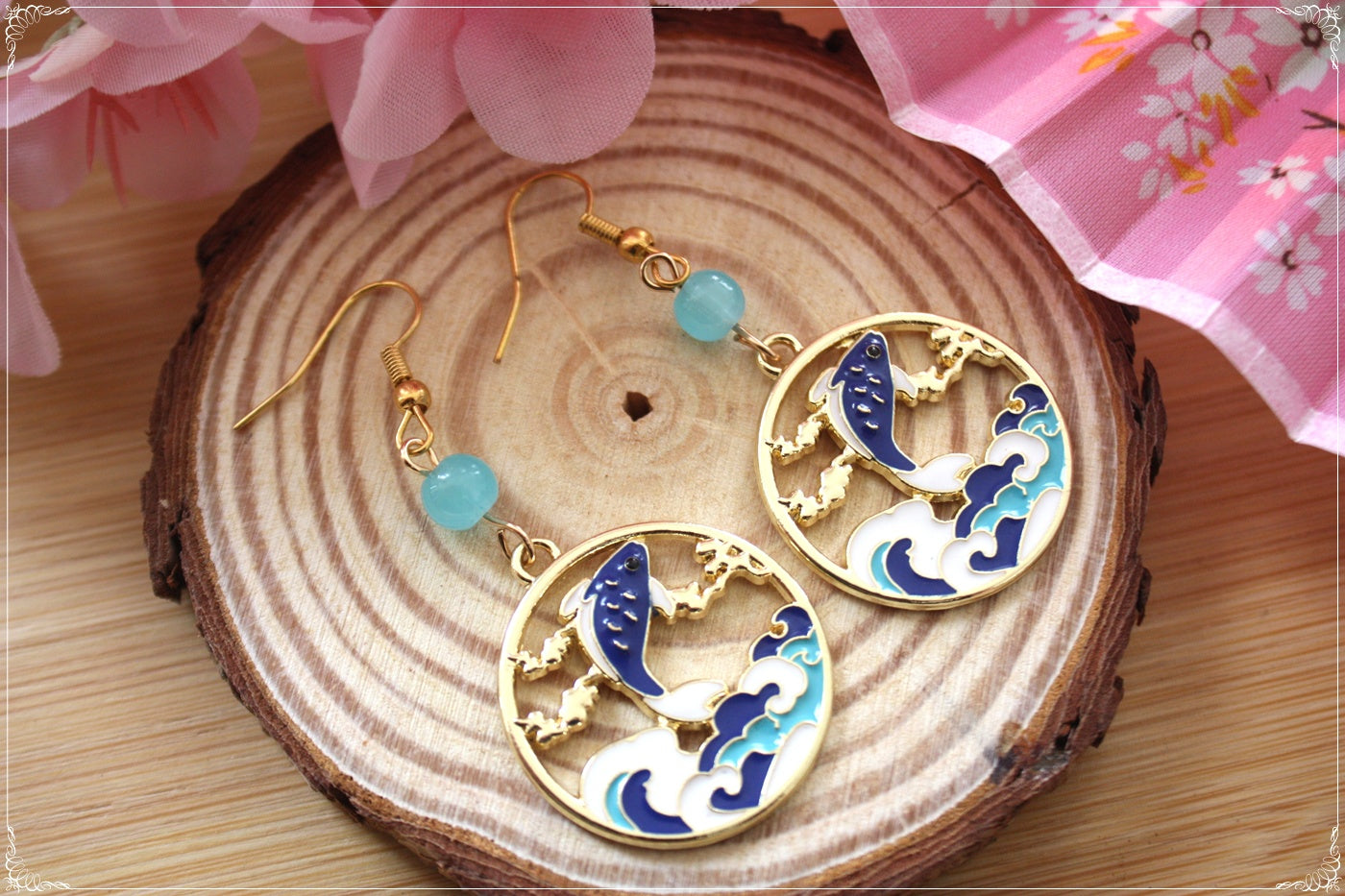 Boucles d'oreilles Japon Carpes Koï - Mont Fuji - Grue japonaise