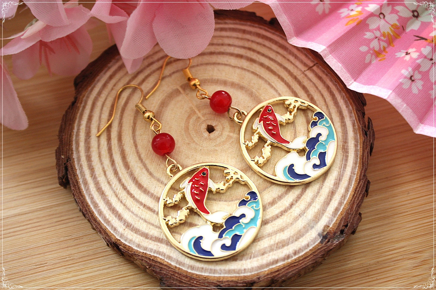 Boucles d'oreilles Japon Carpes Koï - Mont Fuji - Grue japonaise