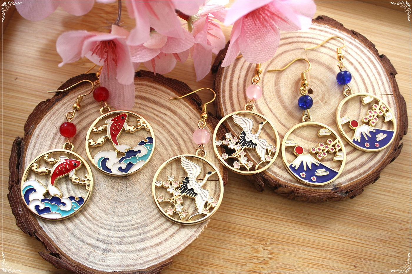 Boucles d'oreilles Japon Carpes Koï - Mont Fuji - Grue japonaise