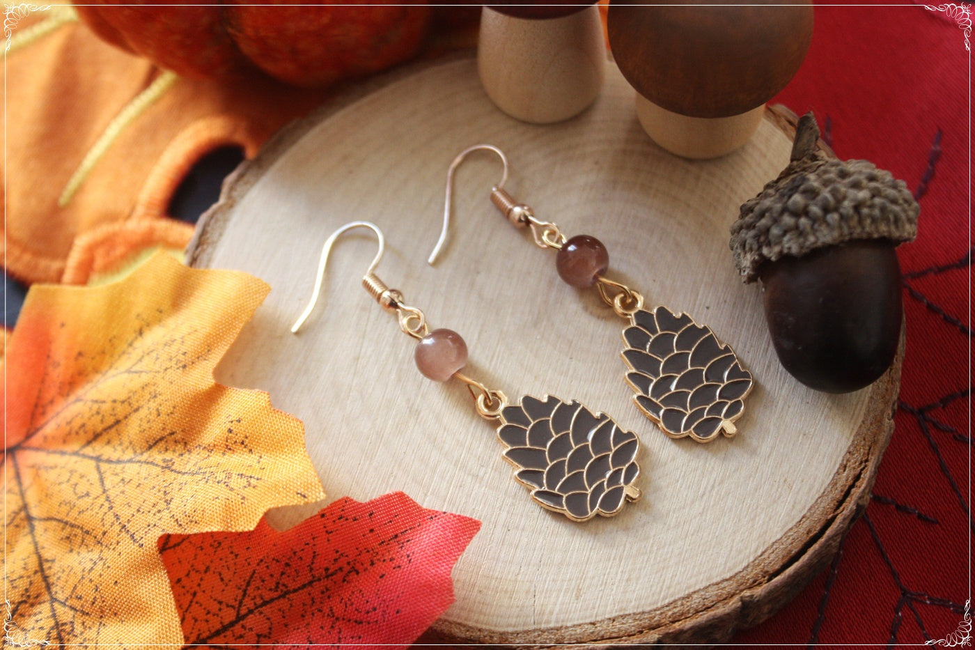 Boucles d'oreilles pendantes Automne Halloween écureuil, gland, champignon, amanites pomme de pain