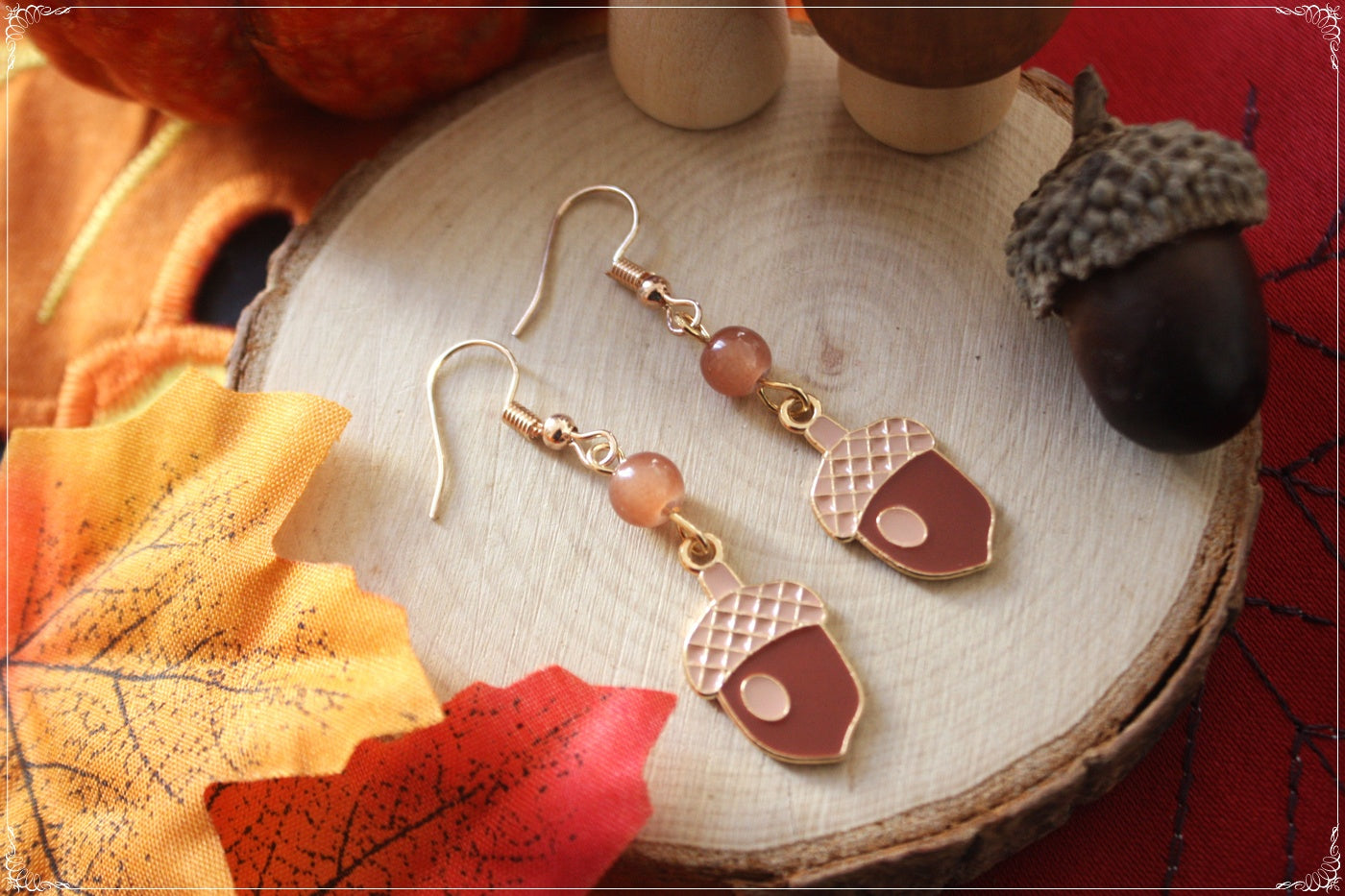 Boucles d'oreilles pendantes Automne Halloween écureuil, gland, champignon, amanites pomme de pain