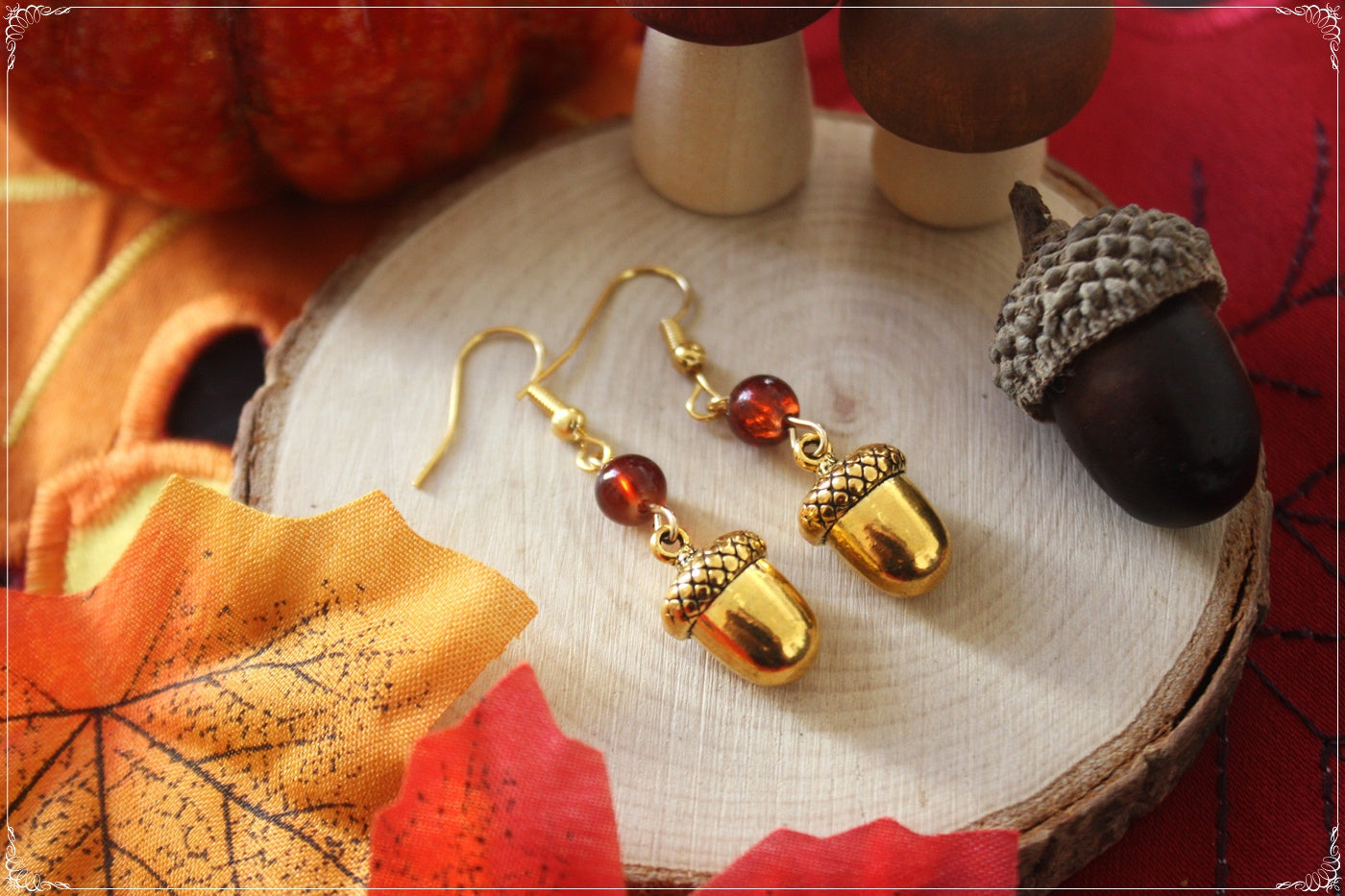 Boucles d'oreilles pendantes Automne Halloween écureuil, gland, champignon, amanites pomme de pain