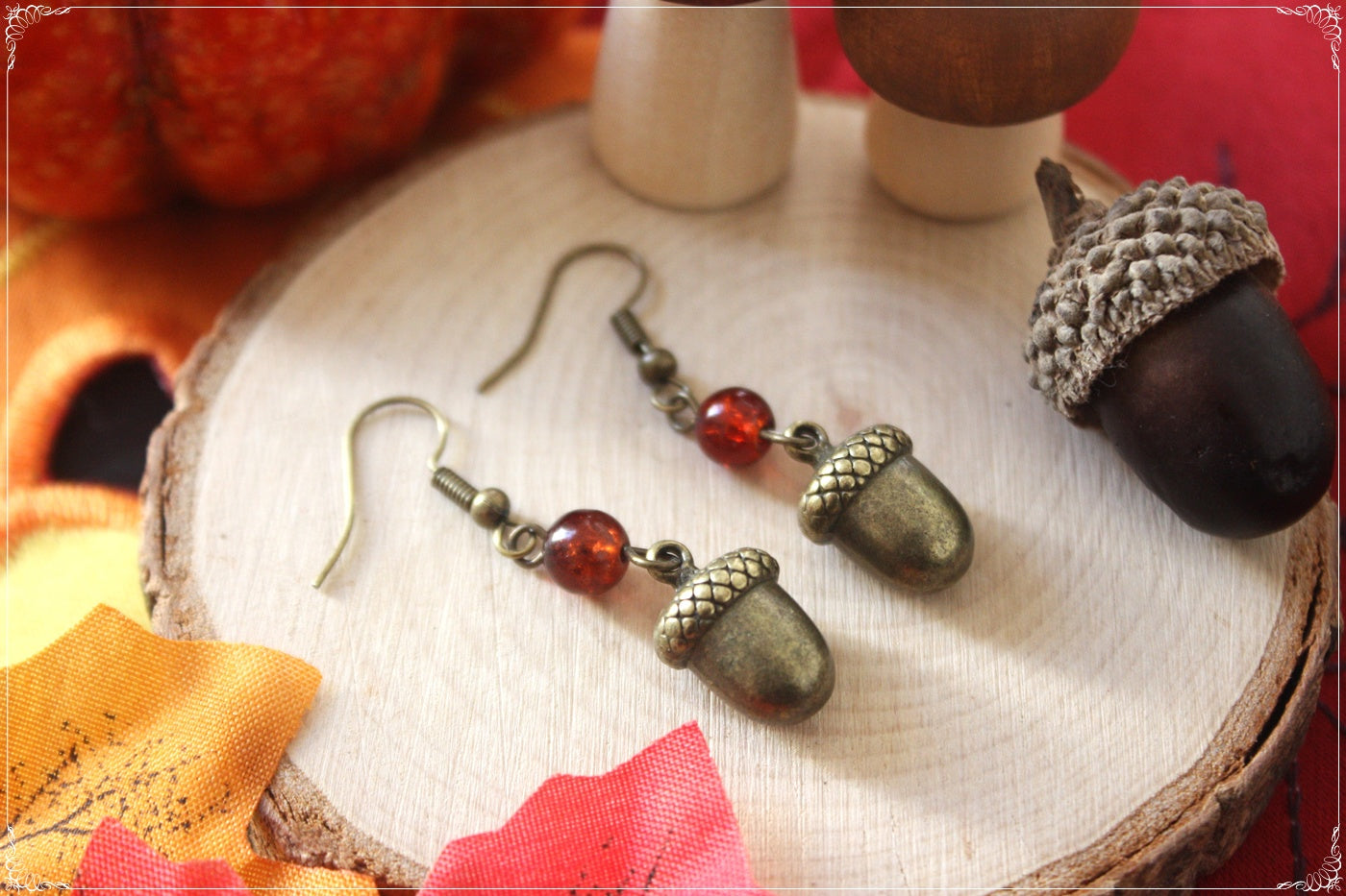 Boucles d'oreilles pendantes Automne Halloween écureuil, gland, champignon, amanites pomme de pain