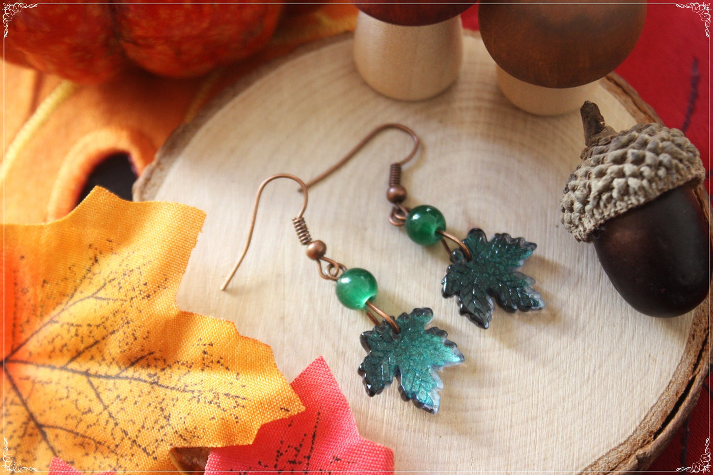 Boucles d'oreilles pendantes Automne Halloween doubles feuilles érable forêt