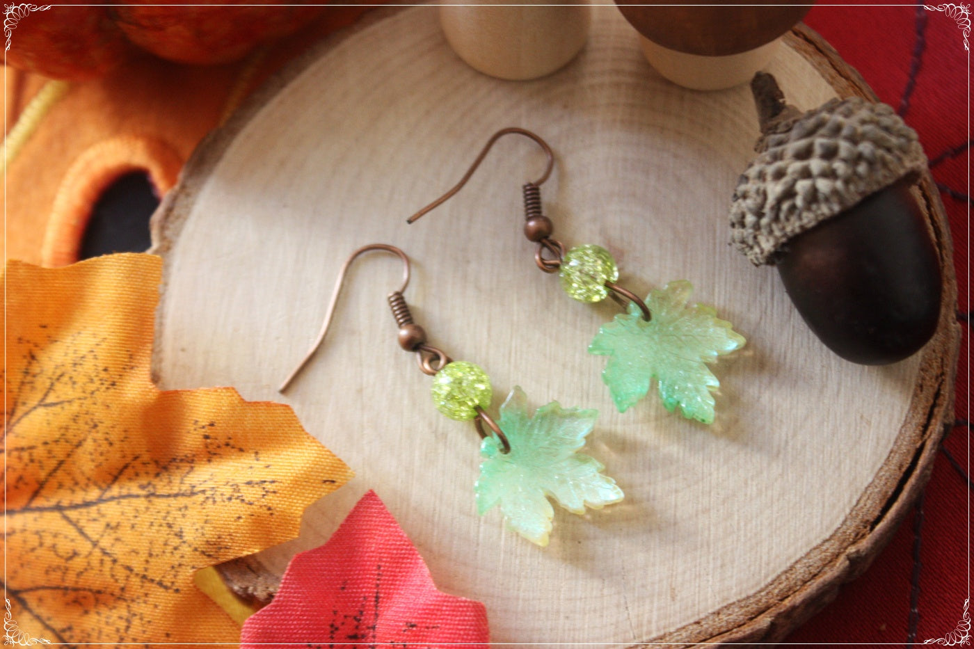 Boucles d'oreilles pendantes Automne Halloween doubles feuilles érable forêt