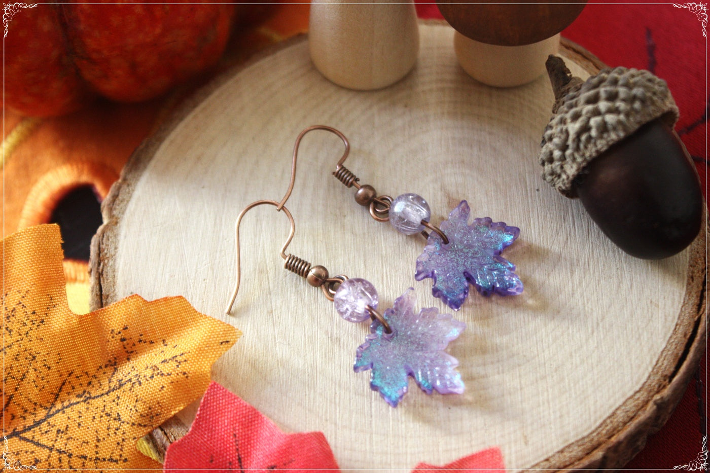 Boucles d'oreilles pendantes Automne Halloween doubles feuilles érable forêt