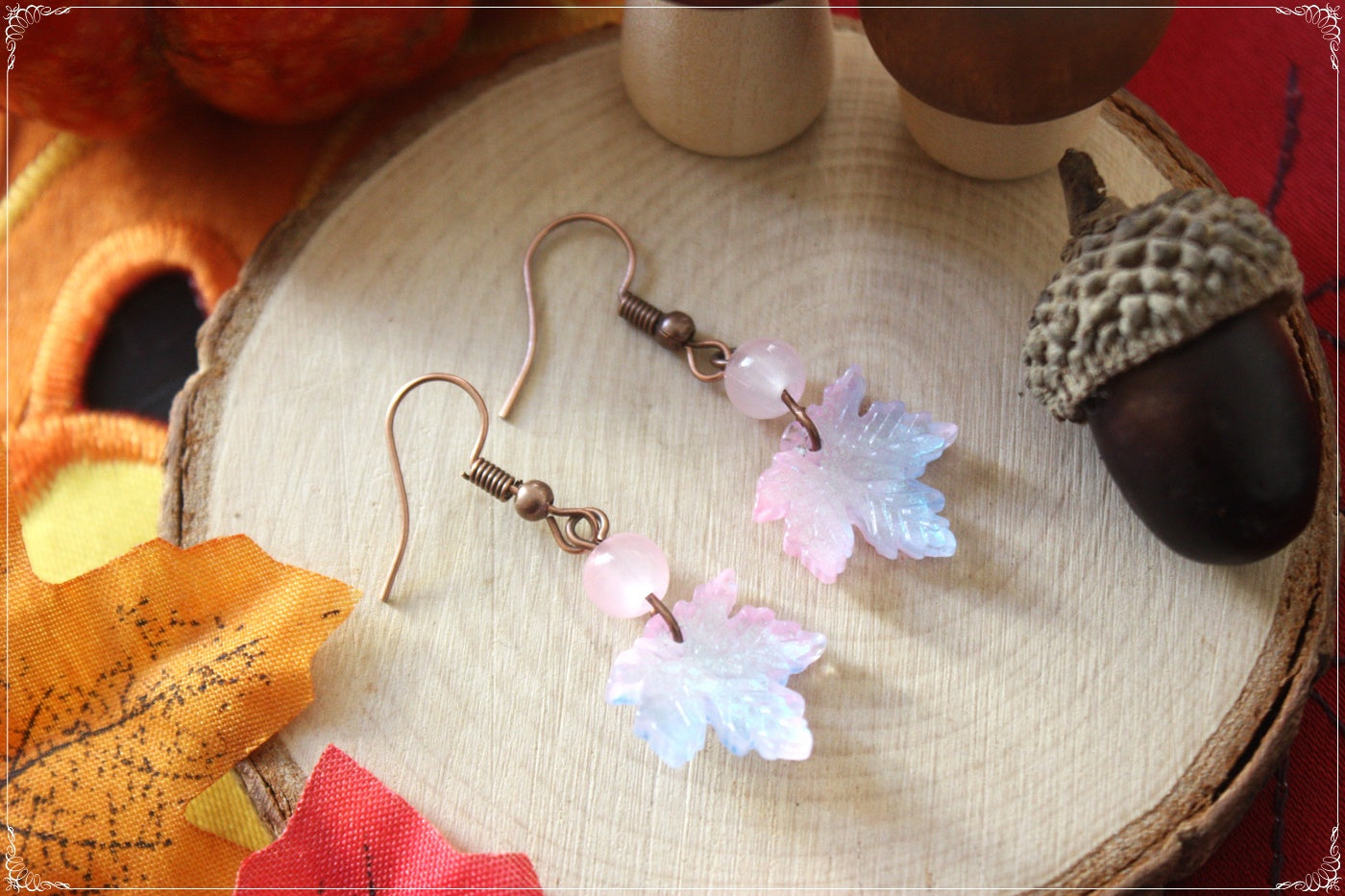 Boucles d'oreilles pendantes Automne Halloween doubles feuilles érable forêt