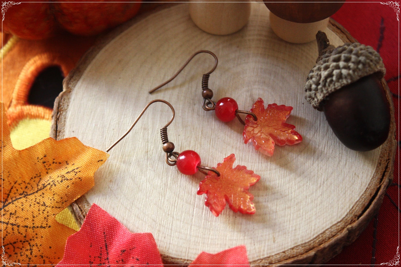 Boucles d'oreilles pendantes Automne Halloween doubles feuilles érable forêt