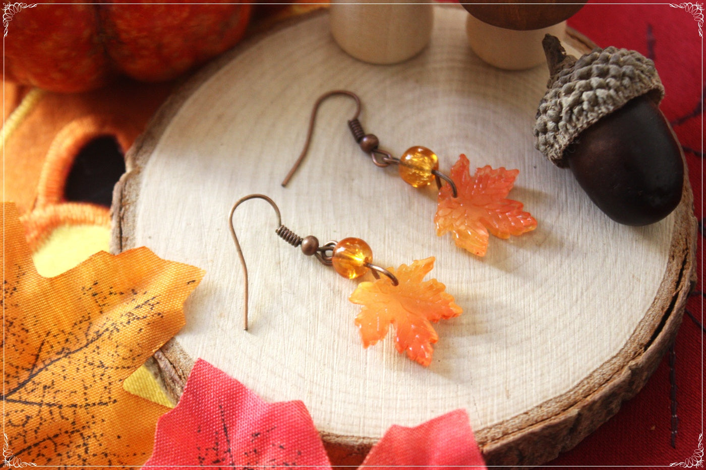 Boucles d'oreilles pendantes Automne Halloween doubles feuilles érable forêt