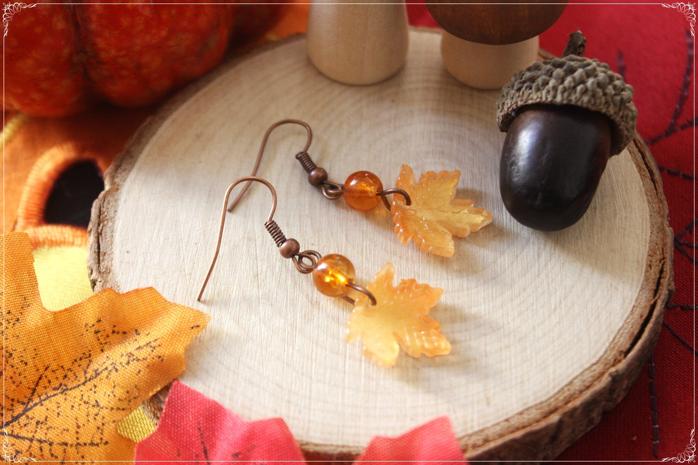 Boucles d'oreilles pendantes Automne Halloween doubles feuilles érable forêt