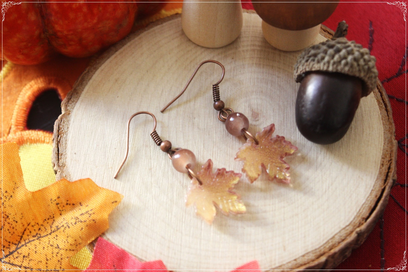 Boucles d'oreilles pendantes Automne Halloween doubles feuilles érable forêt