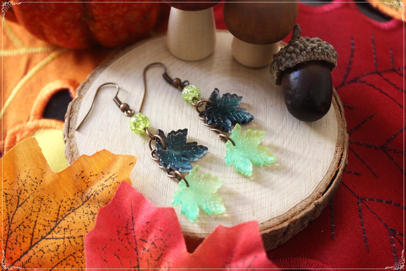 Boucles d'oreilles pendantes Automne Halloween feuilles érable forêt