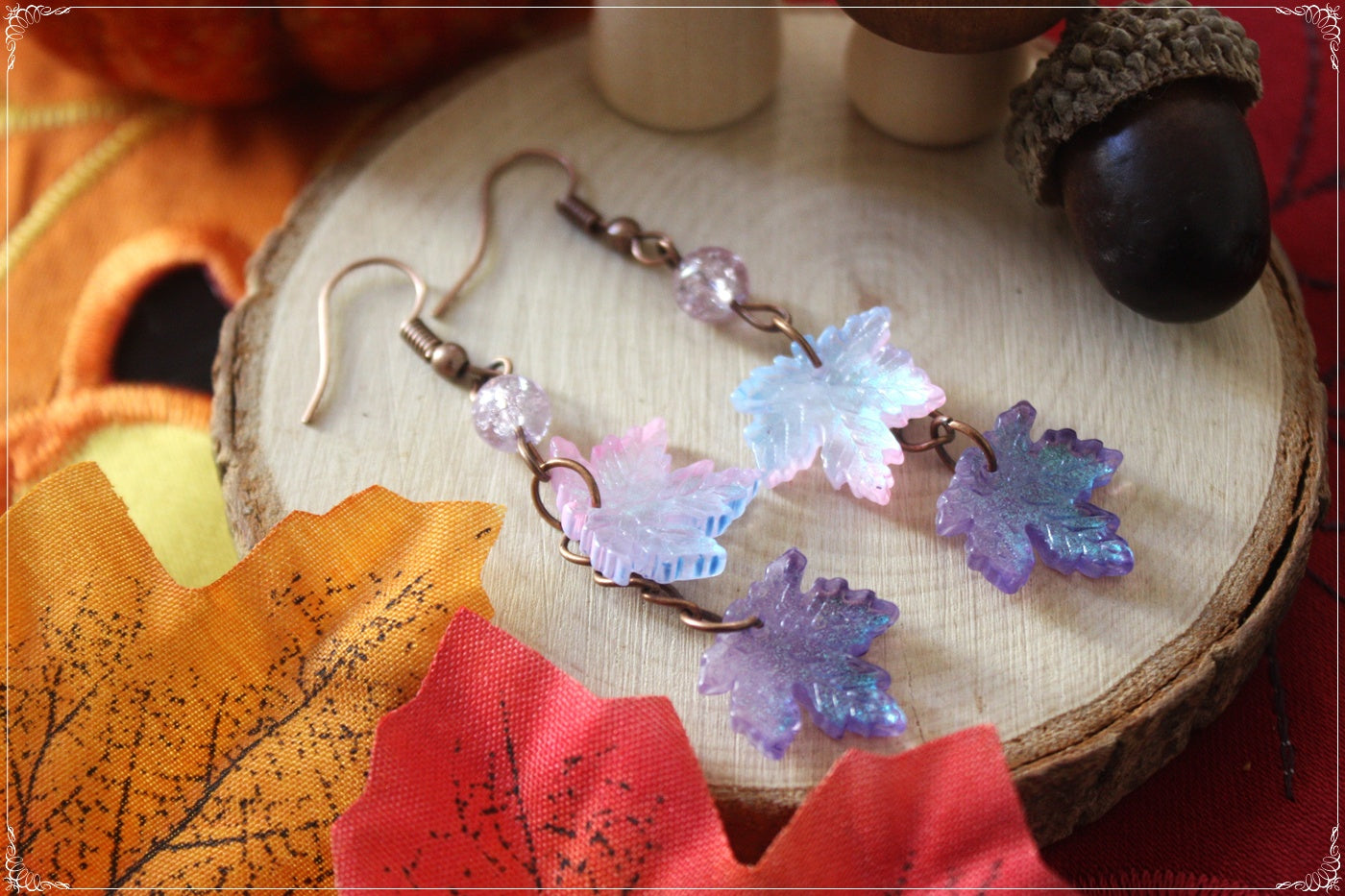 Boucles d'oreilles pendantes Automne Halloween feuilles érable forêt