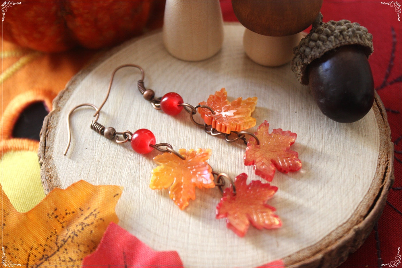 Boucles d'oreilles pendantes Automne Halloween feuilles érable forêt