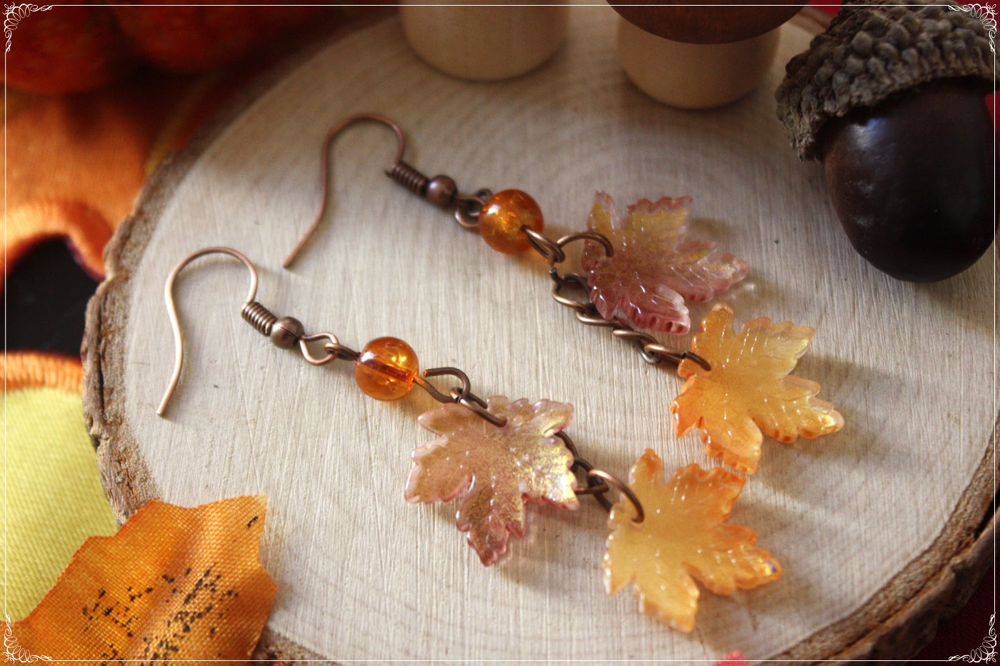 Boucles d'oreilles pendantes Automne Halloween feuilles érable forêt